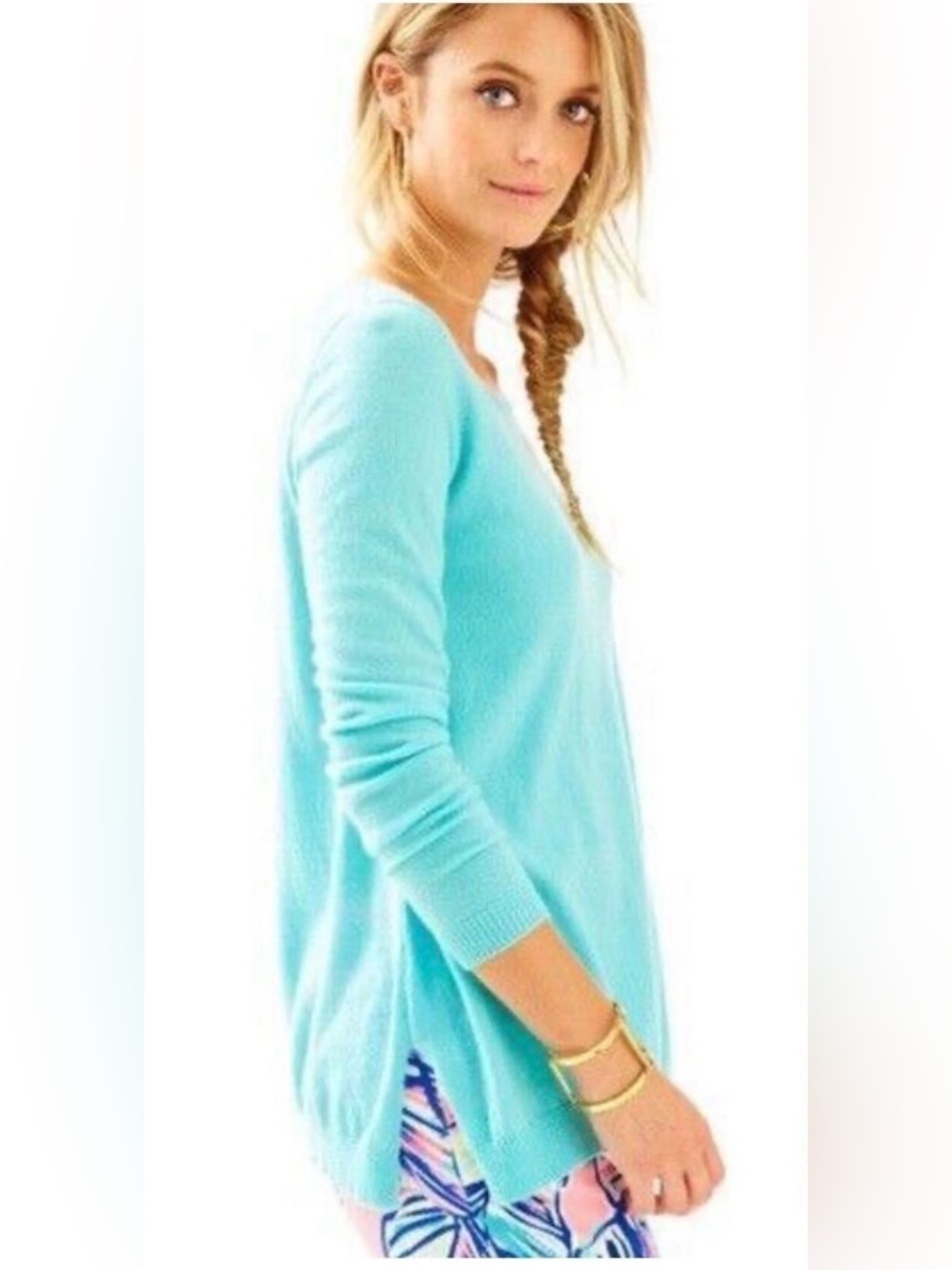 Lilly Pulitzer Collins 100% Cashmere Serene Blue Teal Pink Sweater size XS